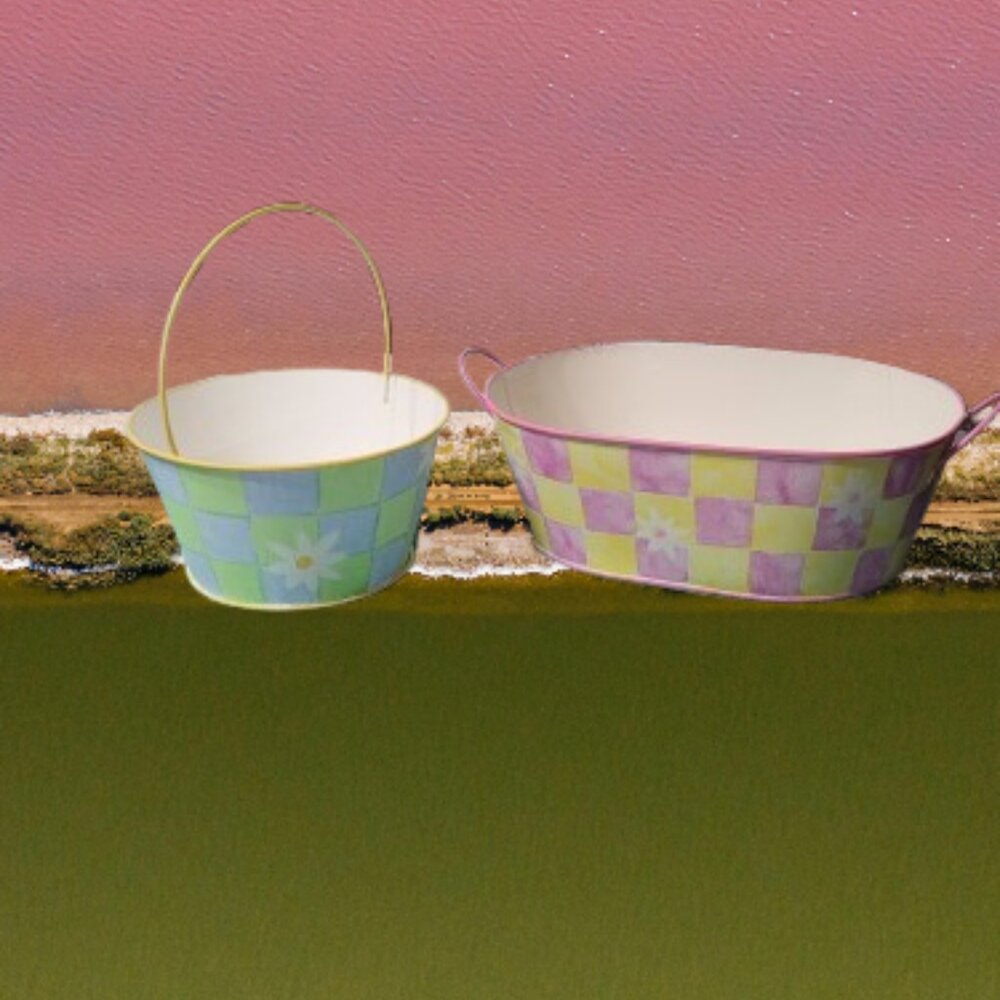 Green and Blue and Pink and Yellow Metal Baskets